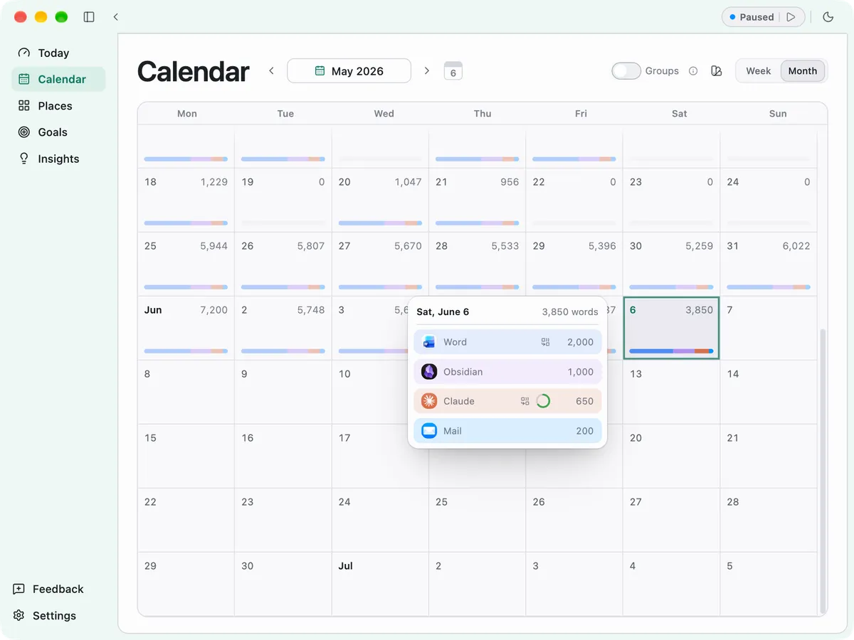WordTally calendar showing writing activity across a month